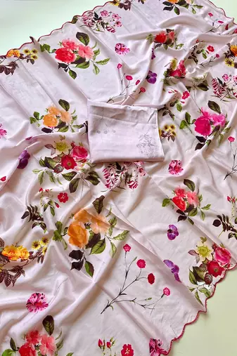 Pink soft chinon silk blend floral print ready to wear saree