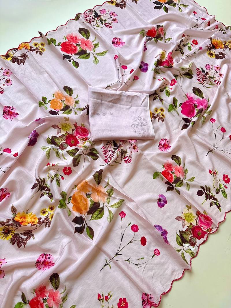 Pink soft chinon silk blend floral print ready to wear saree