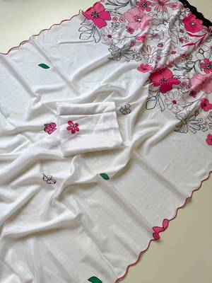 White soft chinon silk blend floral print ready to wear saree 1