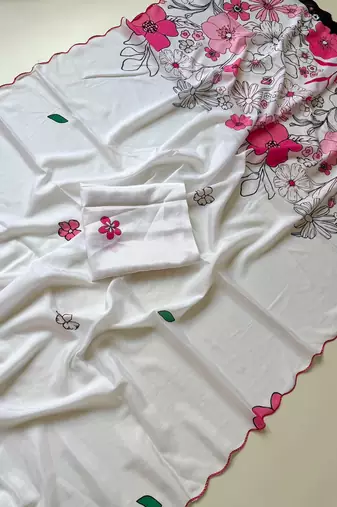 White soft chinon silk blend floral print ready to wear saree