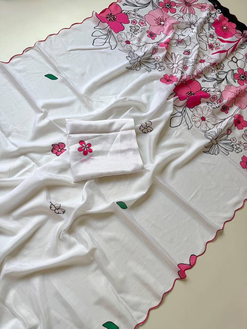 White soft chinon silk blend floral print ready to wear saree