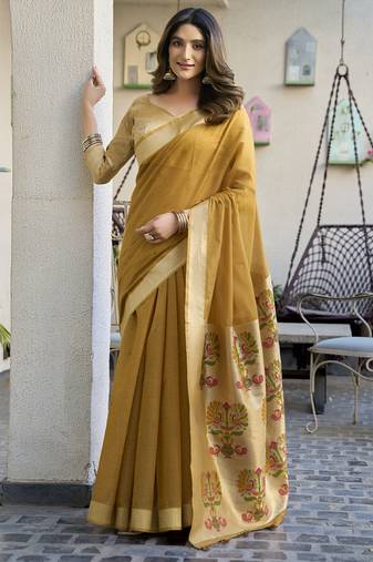 Mustard paithani palllu cotton jaquard casual wear saree