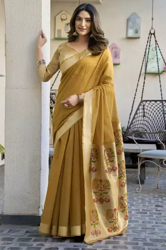Mustard paithani palllu cotton jaquard casual wear saree
