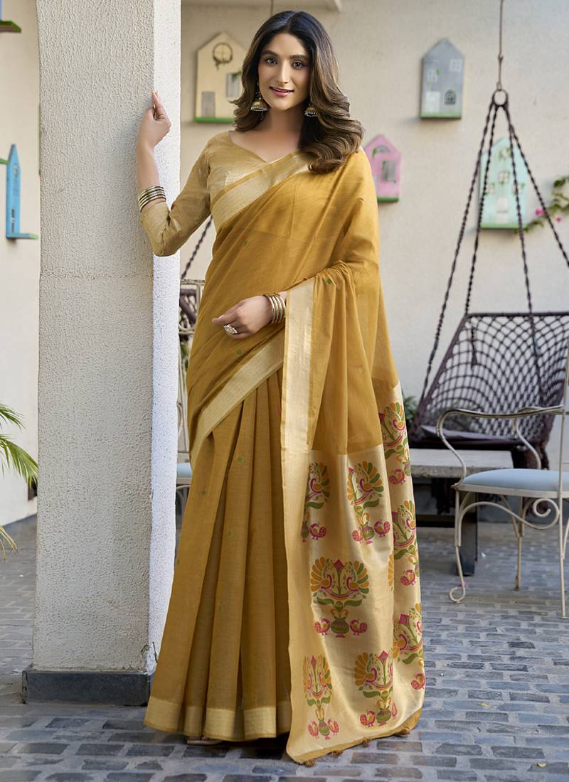Mustard paithani palllu cotton jaquard casual wear saree