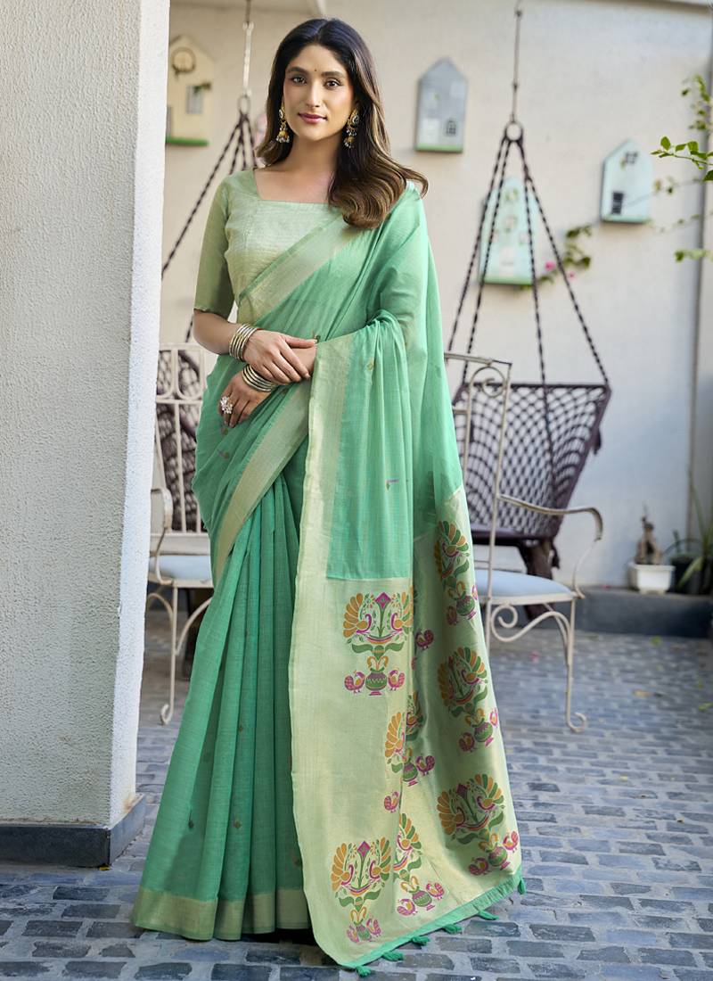 Turquoise  paithani palllu cotton jaquard casual wear saree