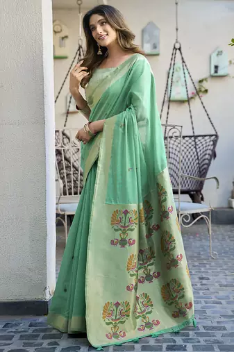 Turquoise  paithani palllu cotton jaquard casual wear saree