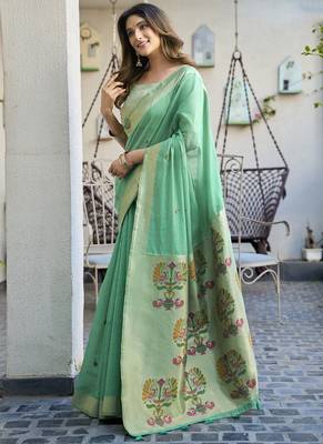 Turquoise  paithani palllu cotton jaquard casual wear saree 4