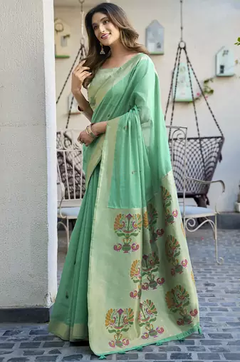 Turquoise  paithani palllu cotton jaquard casual wear saree