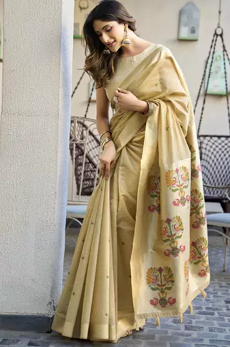 Beige paithani palllu cotton jaquard casual wear saree