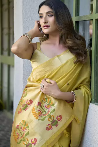 Yellow paithani palllu cotton jaquard casual wear saree