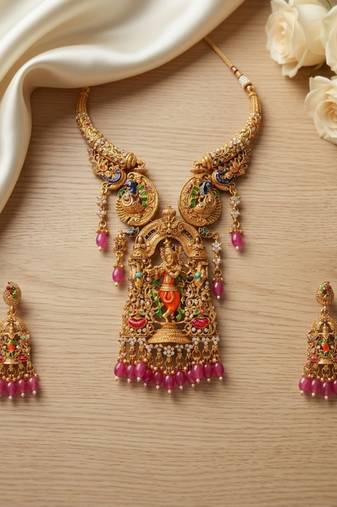 Antique gold plated south indian temple jewelry set - krishna motif necklace with jhumka earrings for weddings