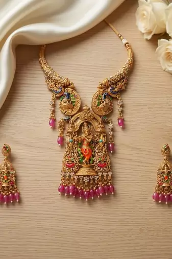 Antique gold plated south indian temple jewelry set - krishna motif necklace with jhumka earrings for weddings