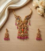 Antique gold plated south indian temple jewelry set - krishna motif necklace with jhumka earrings for weddings