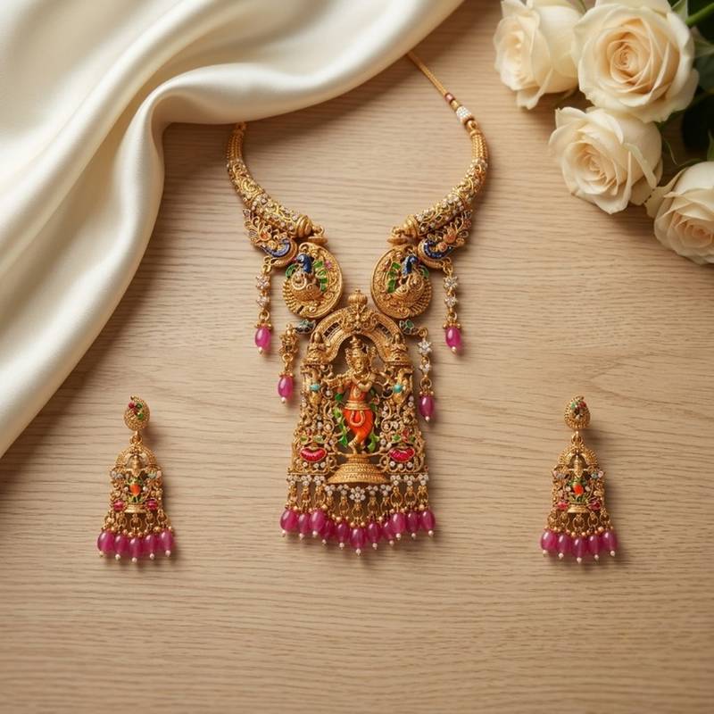 Antique gold plated south indian temple jewelry set - krishna motif necklace with jhumka earrings for weddings