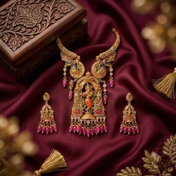 Antique gold plated south indian temple jewelry set - krishna motif necklace with jhumka earrings for weddings 2