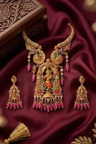 Antique gold plated south indian temple jewelry set - krishna motif necklace with jhumka earrings for weddings