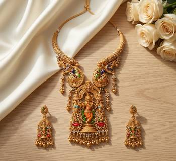 Antique gold plated south indian temple jewelry set - krishna motif necklace with jhumka earrings for weddings 1