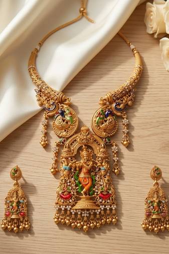 Antique gold plated south indian temple jewelry set - krishna motif necklace with jhumka earrings for weddings