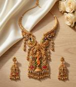 Antique gold plated south indian temple jewelry set - krishna motif necklace with jhumka earrings for weddings