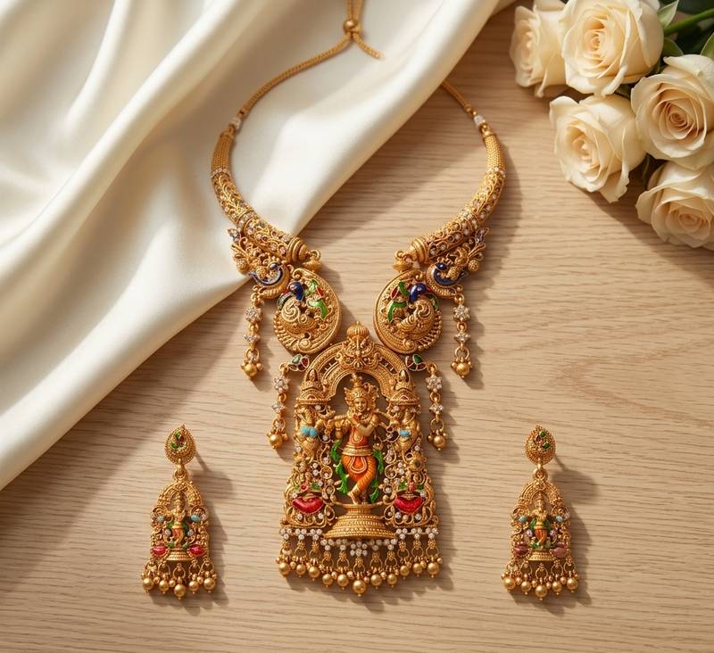 Antique gold plated south indian temple jewelry set - krishna motif necklace with jhumka earrings for weddings