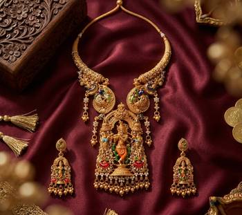 Antique gold plated south indian temple jewelry set - krishna motif necklace with jhumka earrings for weddings 2