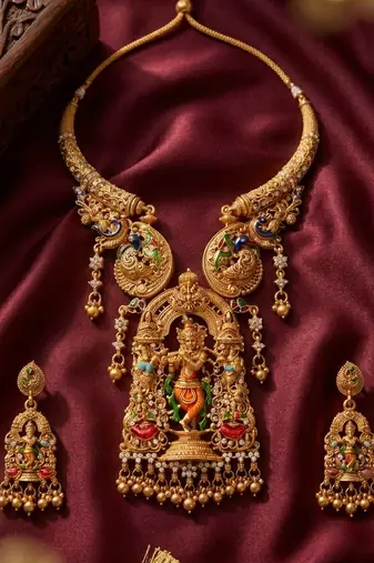 Antique gold plated south indian temple jewelry set - krishna motif necklace with jhumka earrings for weddings