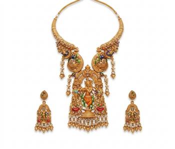 Antique gold plated south indian temple jewelry set - krishna motif necklace with jhumka earrings for weddings 3