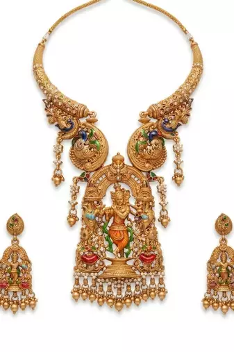 Antique gold plated south indian temple jewelry set - krishna motif necklace with jhumka earrings for weddings