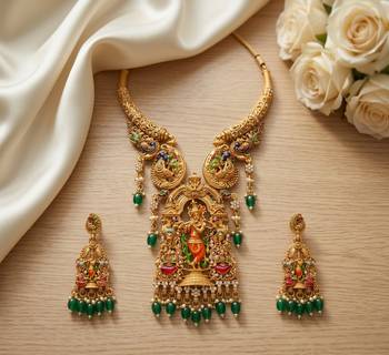 Antique gold plated south indian temple jewelry set - krishna motif necklace with jhumka earrings for weddings 1