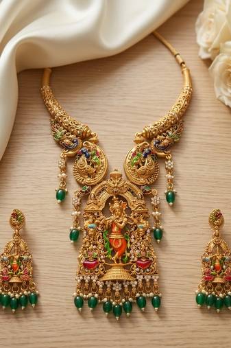 Antique gold plated south indian temple jewelry set - krishna motif necklace with jhumka earrings for weddings