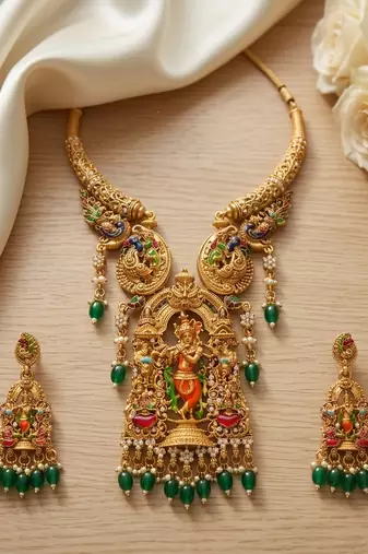 Antique gold plated south indian temple jewelry set - krishna motif necklace with jhumka earrings for weddings