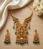 Antique gold plated south indian temple jewelry set - krishna motif necklace with jhumka earrings for weddings