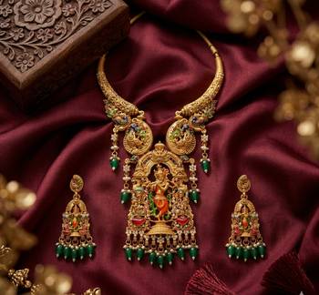 Antique gold plated south indian temple jewelry set - krishna motif necklace with jhumka earrings for weddings 2