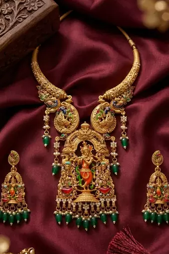 Antique gold plated south indian temple jewelry set - krishna motif necklace with jhumka earrings for weddings