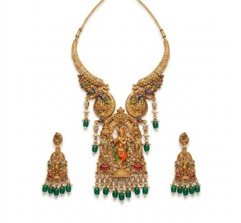 Antique gold plated south indian temple jewelry set - krishna motif necklace with jhumka earrings for weddings 3