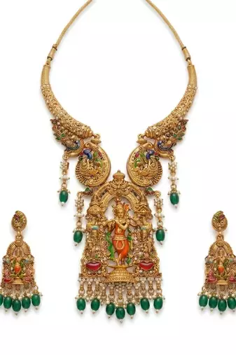 Antique gold plated south indian temple jewelry set - krishna motif necklace with jhumka earrings for weddings