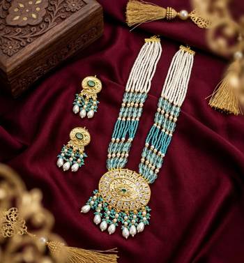 Kundan necklace set with turquoise beads & pearls | antique gold plated bollywood bridal wedding jewelry for women 1