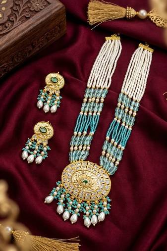 Kundan necklace set with turquoise beads & pearls | antique gold plated bollywood bridal wedding jewelry for women