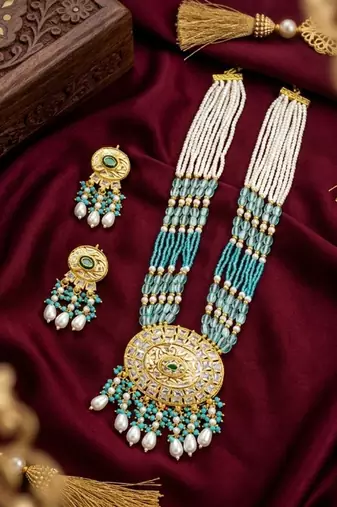 Kundan necklace set with turquoise beads & pearls | antique gold plated bollywood bridal wedding jewelry for women