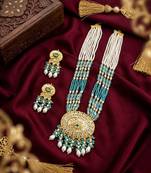 Kundan necklace set with turquoise beads & pearls | antique gold plated bollywood bridal wedding jewelry for women