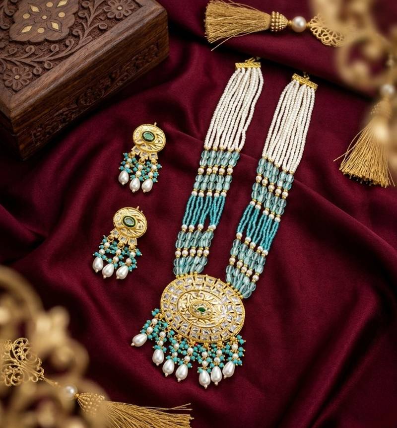 Kundan necklace set with turquoise beads & pearls | antique gold plated bollywood bridal wedding jewelry for women