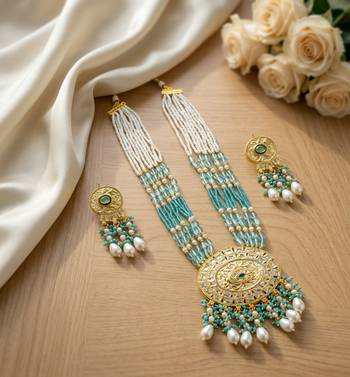 Kundan necklace set with turquoise beads & pearls | antique gold plated bollywood bridal wedding jewelry for women 2