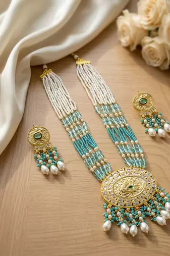 Kundan necklace set with turquoise beads & pearls | antique gold plated bollywood bridal wedding jewelry for women