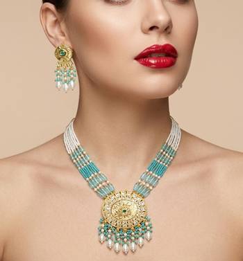 Kundan necklace set with turquoise beads & pearls | antique gold plated bollywood bridal wedding jewelry for women 3