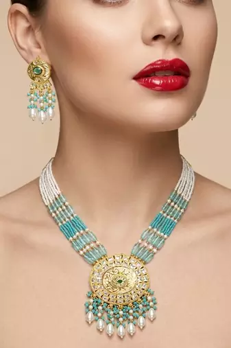 Kundan necklace set with turquoise beads & pearls | antique gold plated bollywood bridal wedding jewelry for women