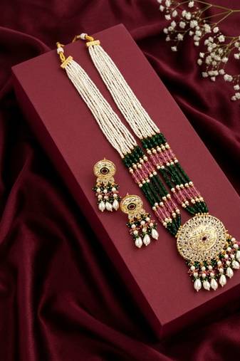 Kundan necklace set with mulitcolor beads & pearls | antique gold plated bollywood bridal wedding jewelry for women