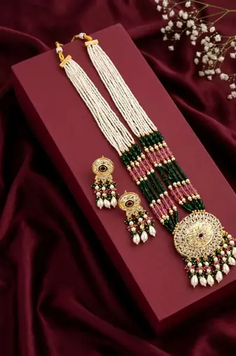 Kundan necklace set with mulitcolor beads & pearls | antique gold plated bollywood bridal wedding jewelry for women