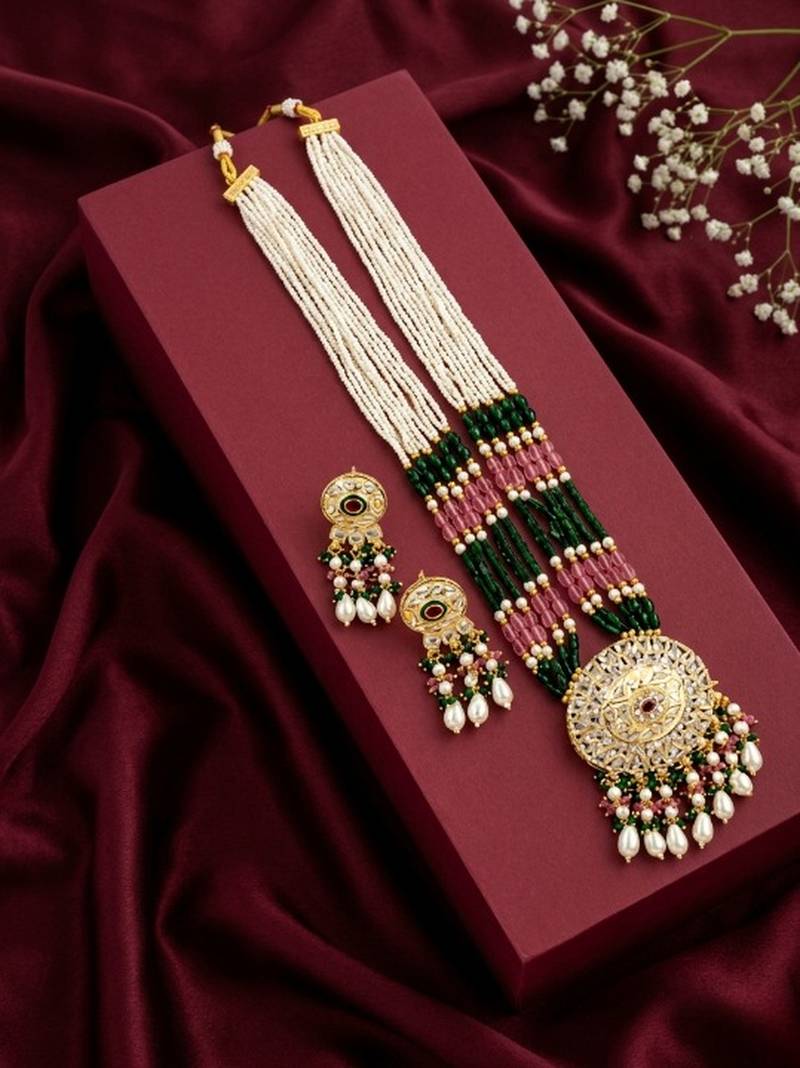 Kundan necklace set with mulitcolor beads & pearls | antique gold plated bollywood bridal wedding jewelry for women