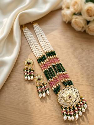 Kundan necklace set with mulitcolor beads & pearls | antique gold plated bollywood bridal wedding jewelry for women 2