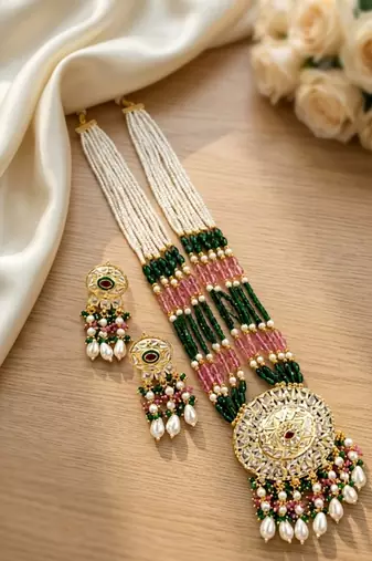 Kundan necklace set with mulitcolor beads & pearls | antique gold plated bollywood bridal wedding jewelry for women